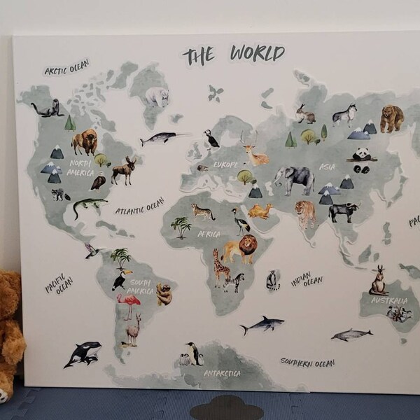 Animal World Map Wall Sticker | Kids World Map Decal | World Map Wall ...