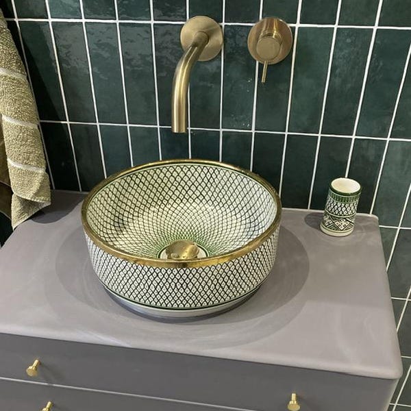 Antique Sink With Brass Rim Edge, Vessel Sink, Sink Bowl, Ceramic Basin ...