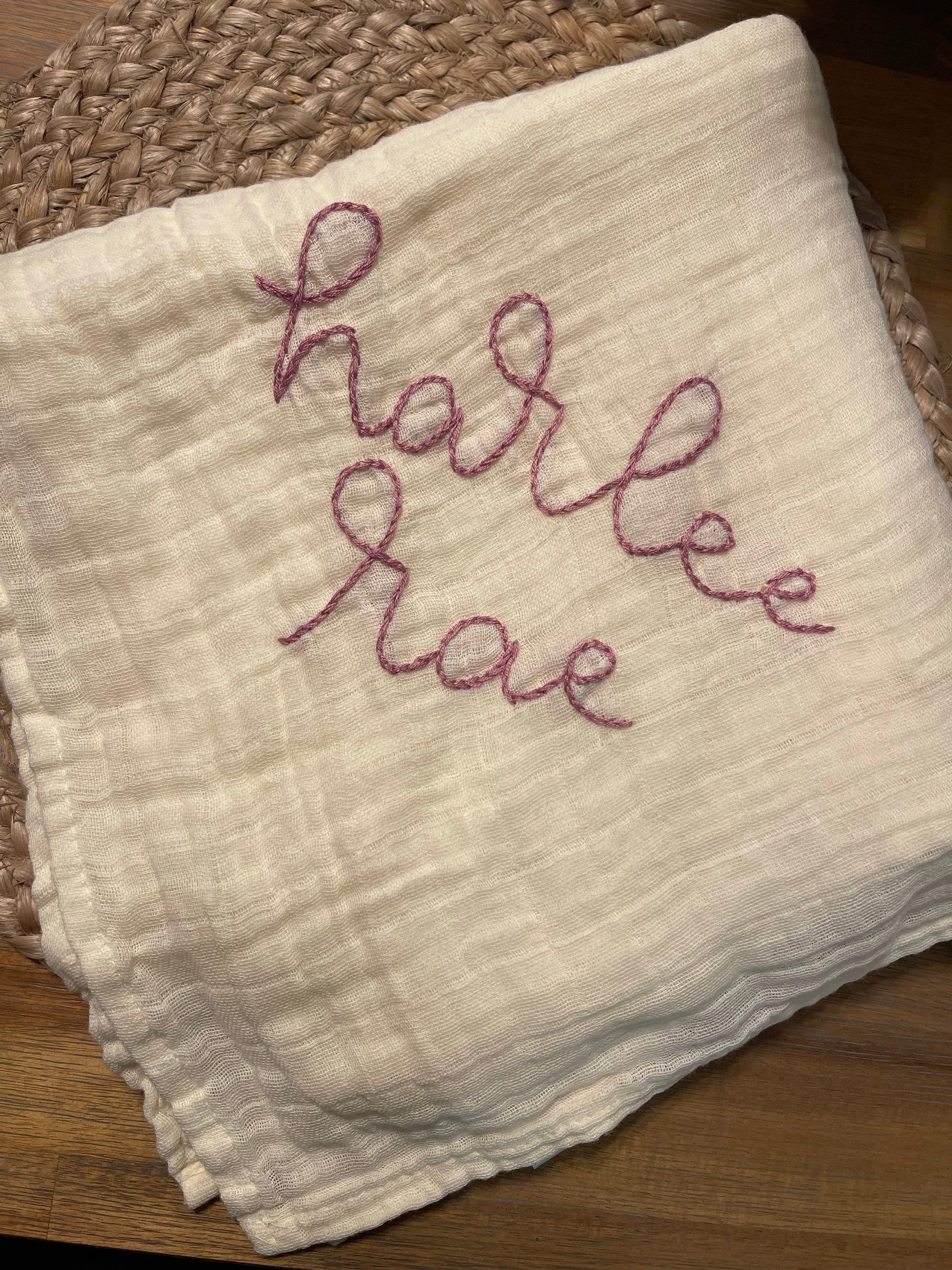 Hand Embroidered Baby Name Swaddle // Muslin Blanket //Name Announcement // Birth Announcement // Gender Reveal // Newborn Photos // Gift