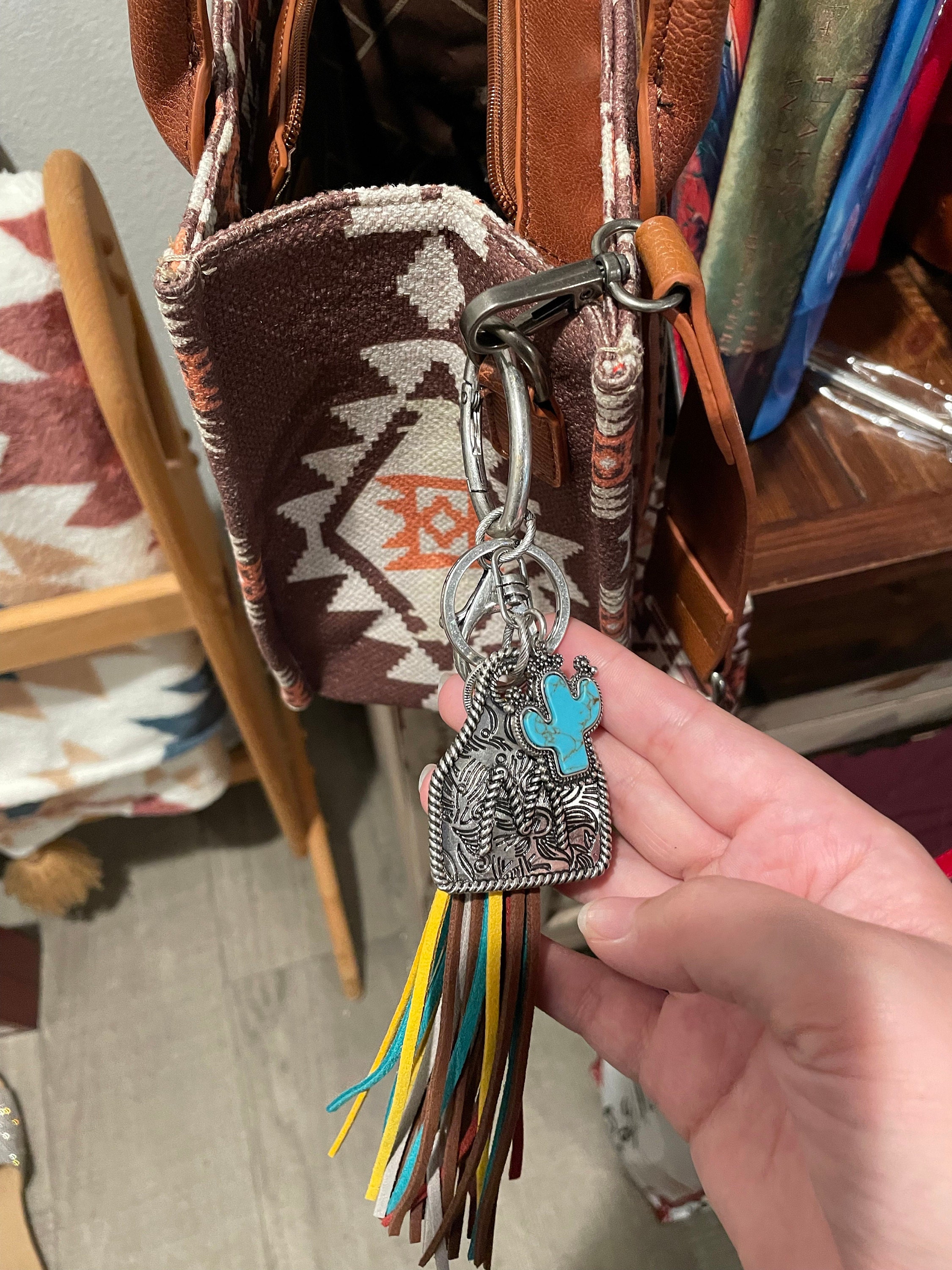 Initial Monogram Keychain/ Turquoise Charm/Initial Cattle Ear Tag Keychain/multi color tassel fringe keychain