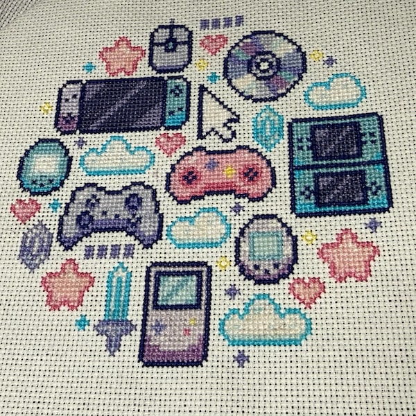 Retro Games Cross Stitch Pattern, Video Games, Cd, Ds, Switch, Pastel ...