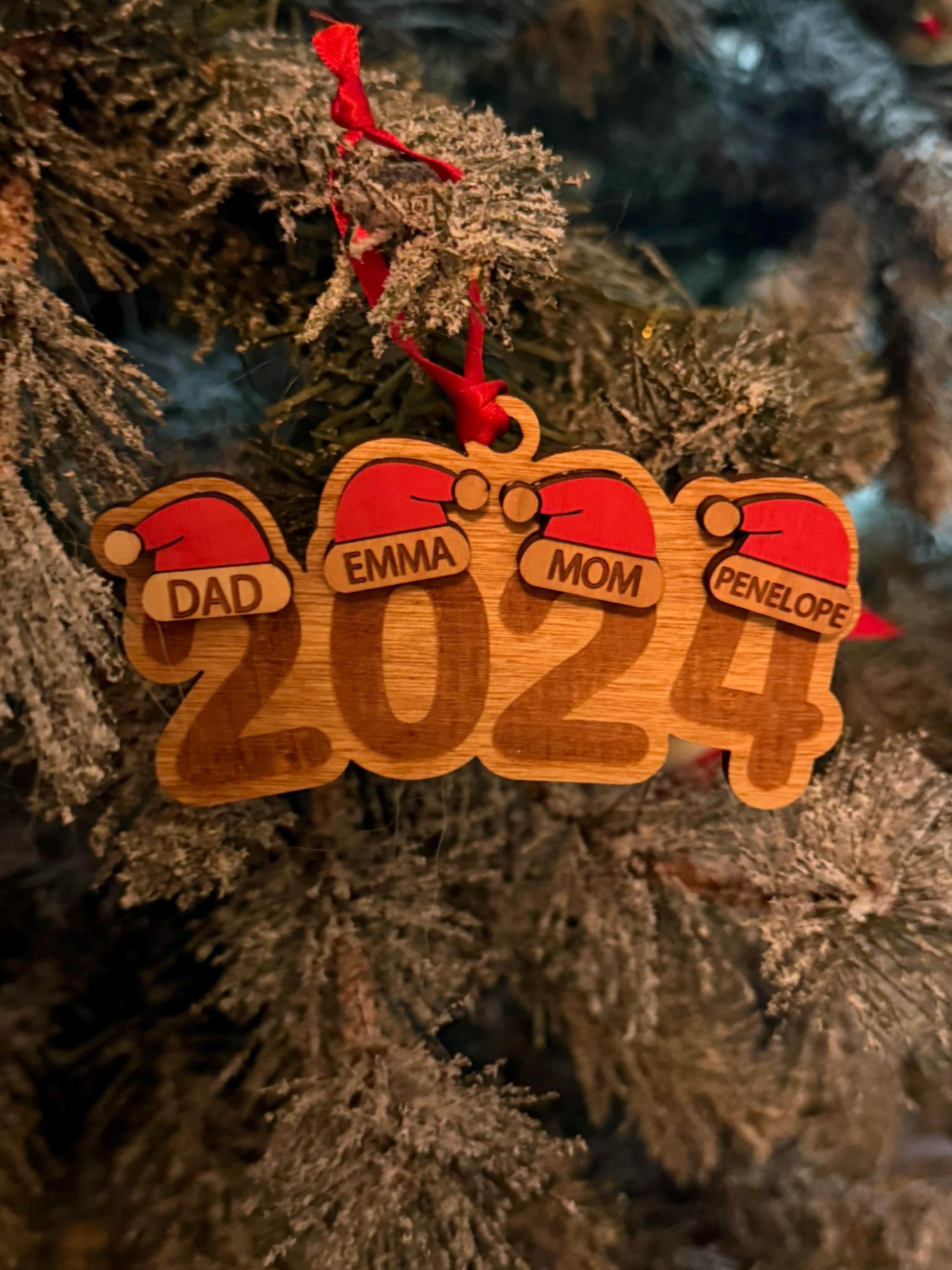 Personalized Family Christmas Ornament, Engraved Ornament, Santa Hat Ornament, Yearly Ornament, Family Tradition, Family Gift