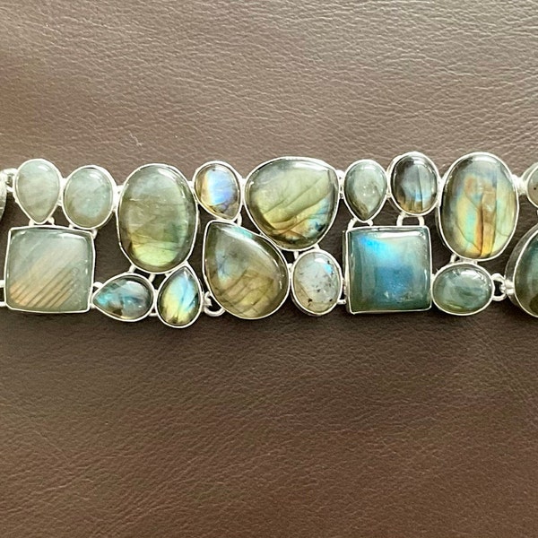 Bracelet Imposant En Labradorite Et Argent 925 - Bijou Pierre Naturelle Violette/bleutée, Neuf Sans Emballage
