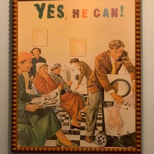 Funny Retro Poster With a Man Doing Laundry in a Laundromat