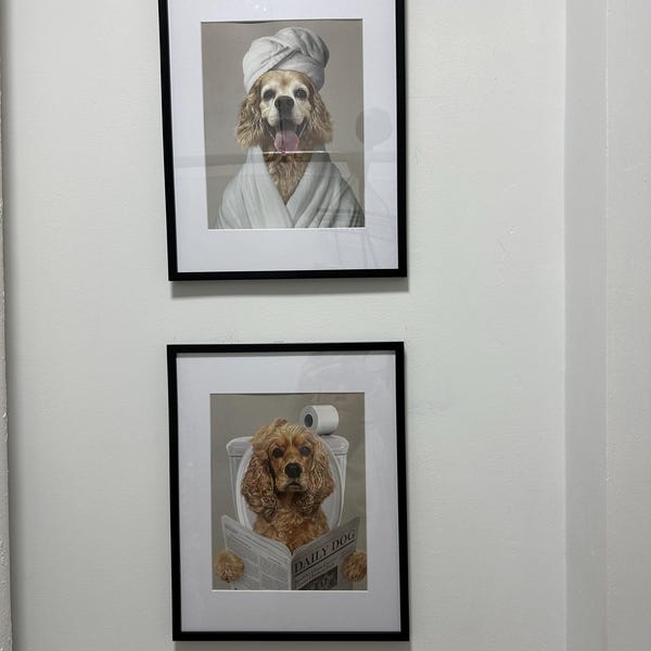Bathroom Dog Reading Paper Framed Sign