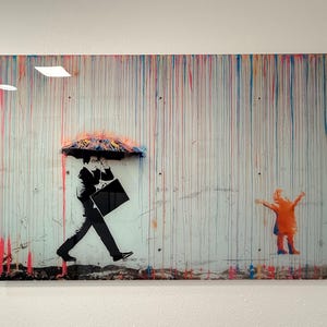 バンクシーの傘男のガラス製ウォールアート：レインボーレインのホーム