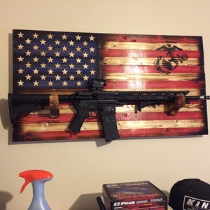 Rustic American Flag Gun Rack. Compound Bow Rack With Military Logo ...