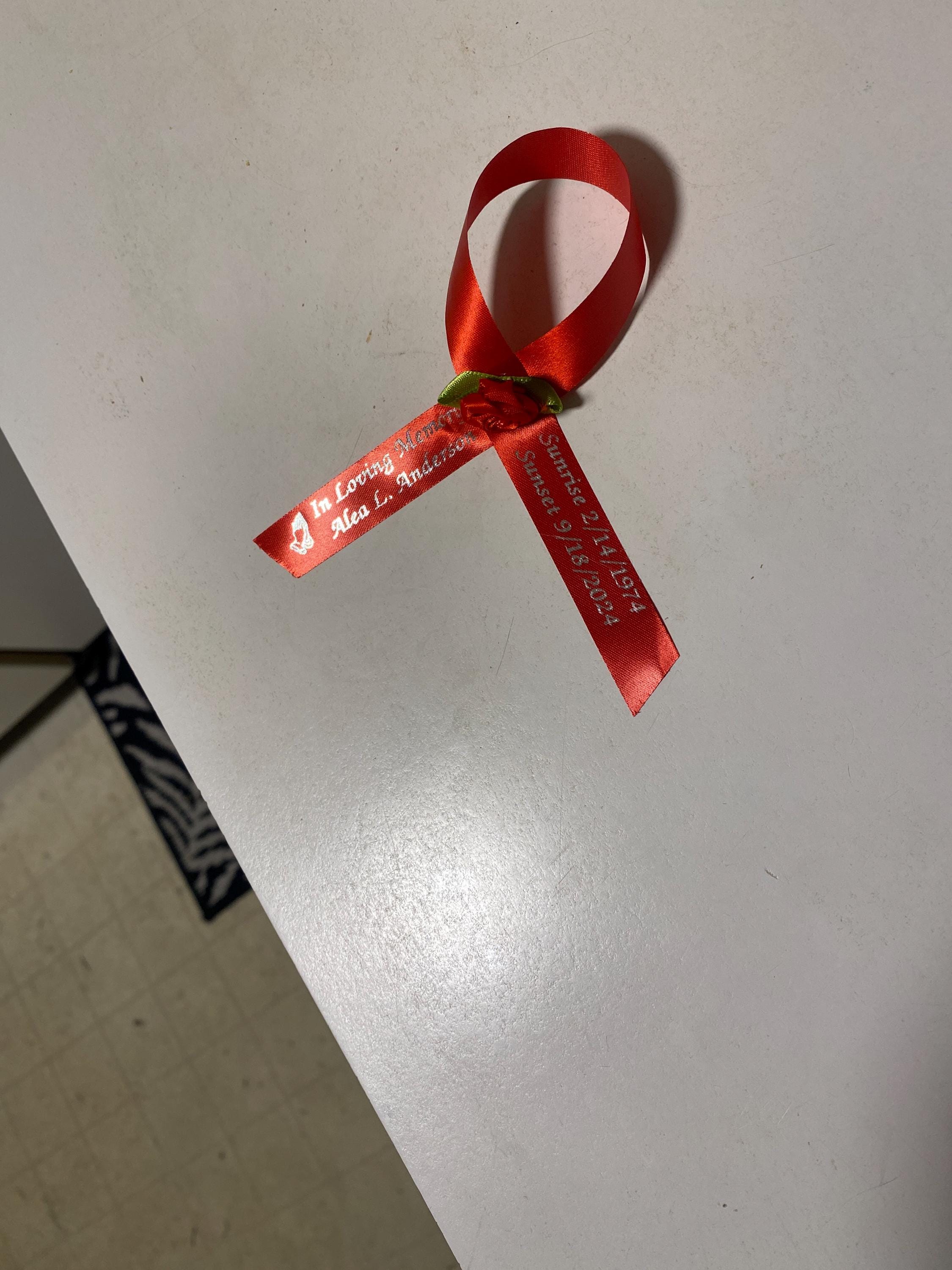 Personalized Memorial Ribbons with Pins for Funeral or Celebration of Life Assembled Fundraiser Awareness Ribbon - Rose Center Decoration