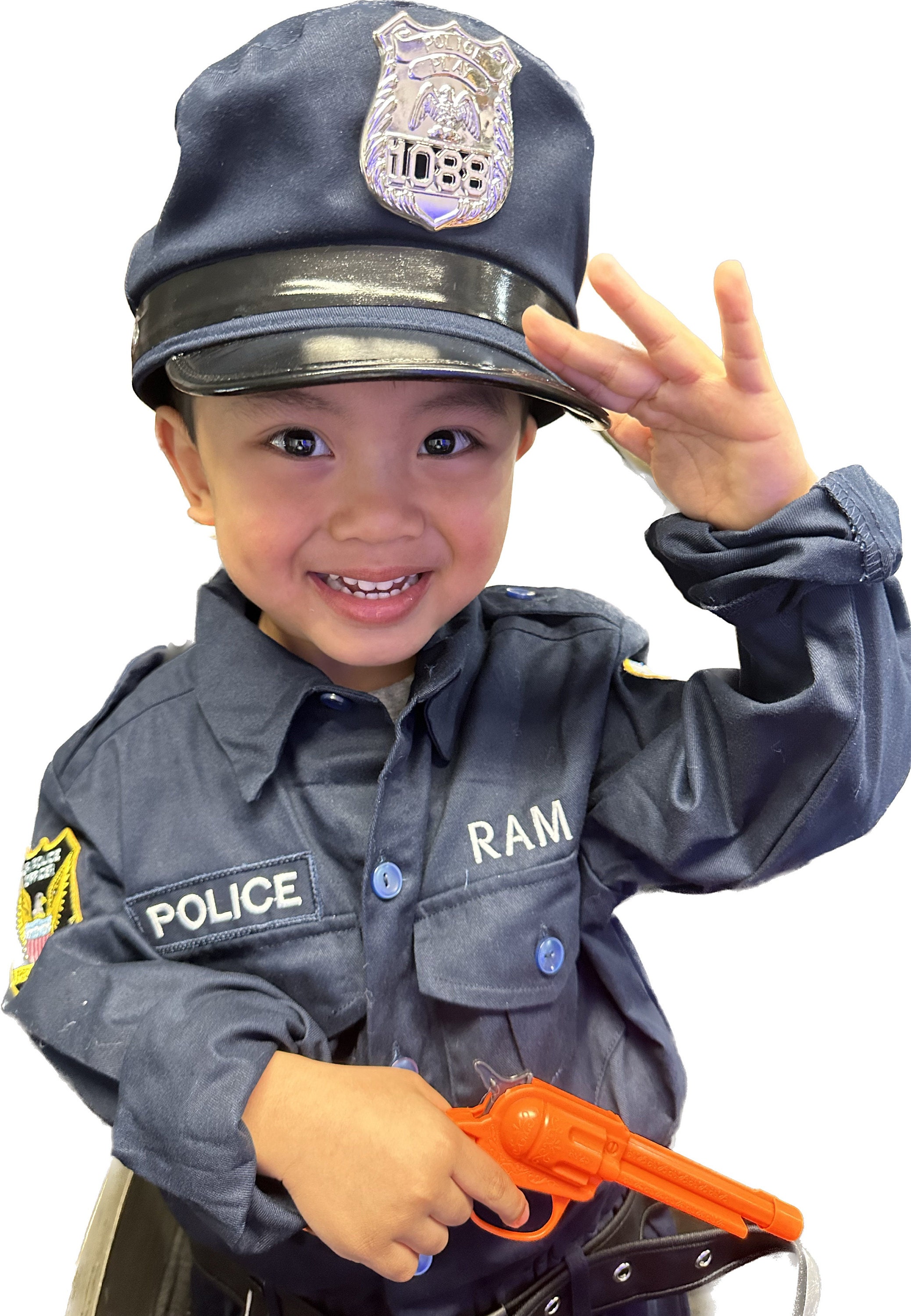 Kid&#39;s Police Costume | Embroidery PERSONALIZED Costume | Authentic | FREE hat | Perfect Kid&#39;s Birthday gift | Best Kid&#39;s Christmas Present!