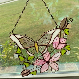 Pink Suncatcher Monarch Butterfly Flowers Stained Glass Picture Home ...