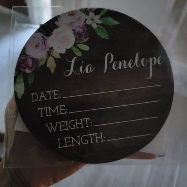 Purple Floral Birth Stats Round Wood Baby Name Sign Wooden Personalized ...