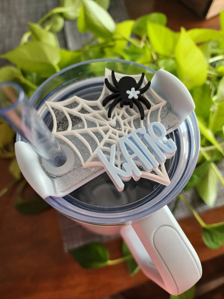 Halloween Tumbler Name Plate Spider Cup Name Tag Spider Net Tumbler Lid Accessory Pink Spooky Tumbler Straw Topper Lid Name Tag Straw Cover