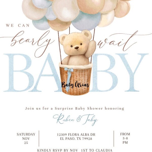 EDITABLE Greenery Gold We Can Bearly Wait Teddy Bear Baby Shower Save ...