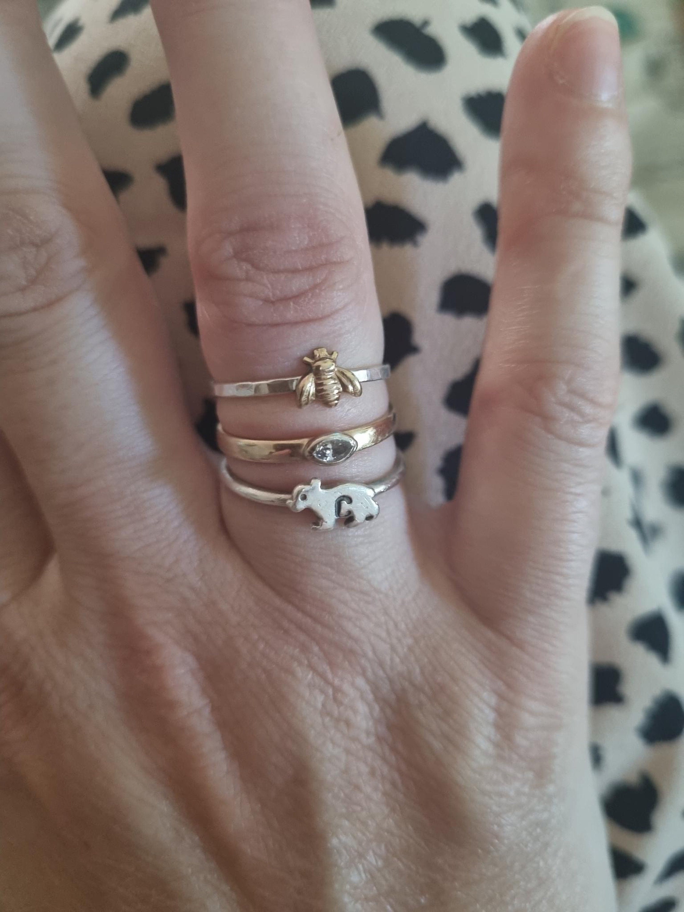 Simple tiny sterling silver bee ring, silver and gold brass stacking ring, hammered band ring, gift for women