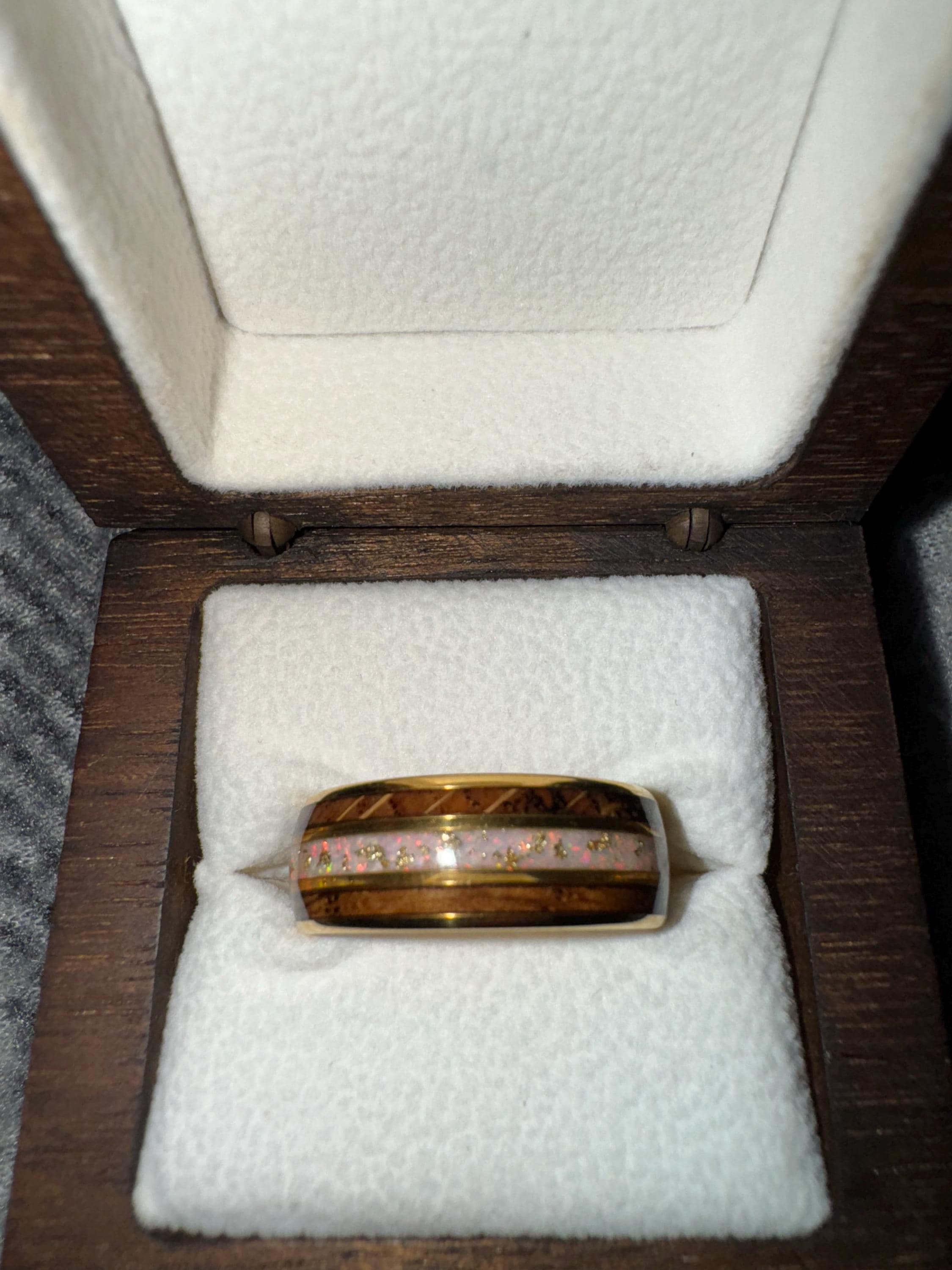 Whiskey Barrel Ring with Gold and Opal Accent Mens Engagement Promise or Wedding Band. Wood Wedding Ring with whiskey wood, opal and gold