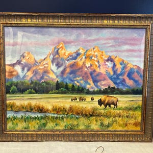 ワイオミング山脈のオリジナル絵画、ティトンの風景画、バイソン、荒野