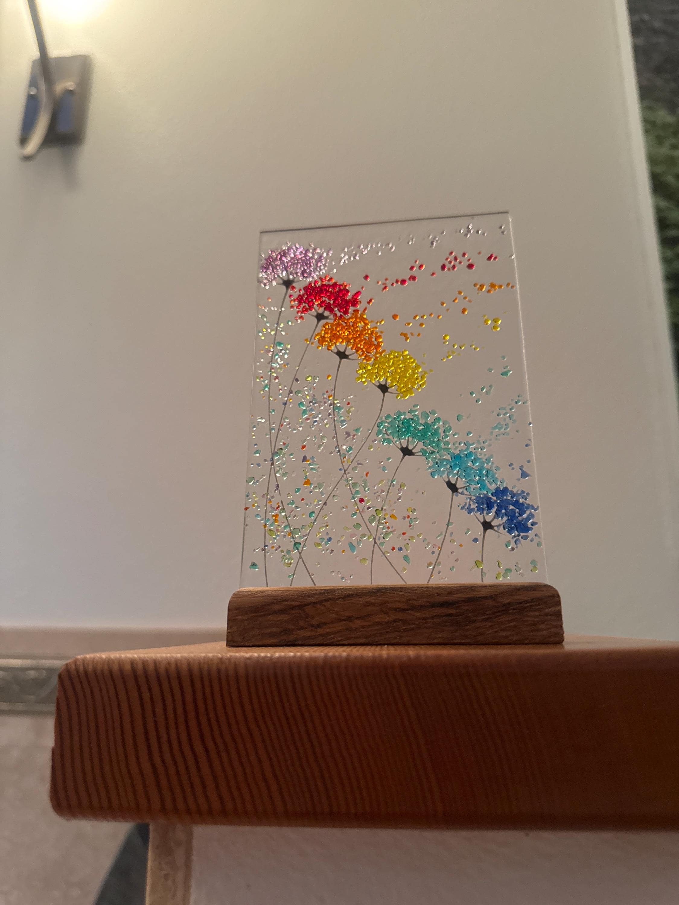 Whimsical Bright Rainbow Flowers fused glass Art Picture Sun Catcher & Wooden Display Stand