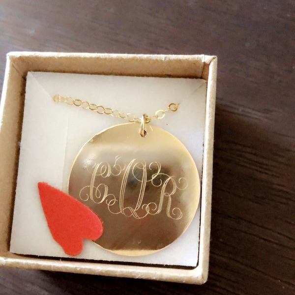 Monogram Dis Monogram Disc Necklace Gold Initial Pendant Personalized Gift Engraved ...