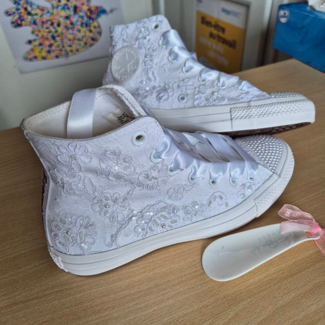 Luxury White Wedding Trainers for Bride, Lace Converse High