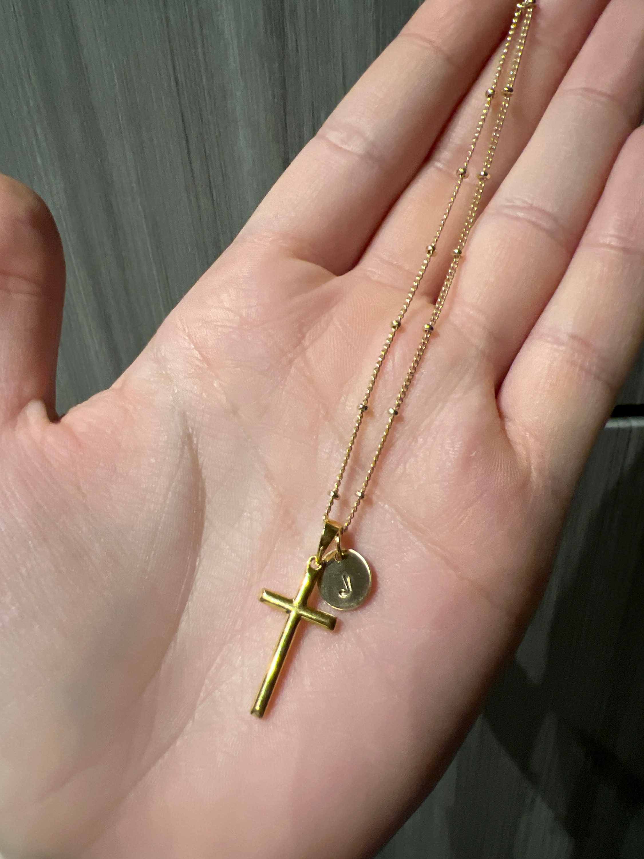 Gold Cross Necklace, Personalized Initial, Hand Stamp Disc, Religious Pendant, Gold Filled Cross Necklace, Birthday Gift, Christmas Gift
