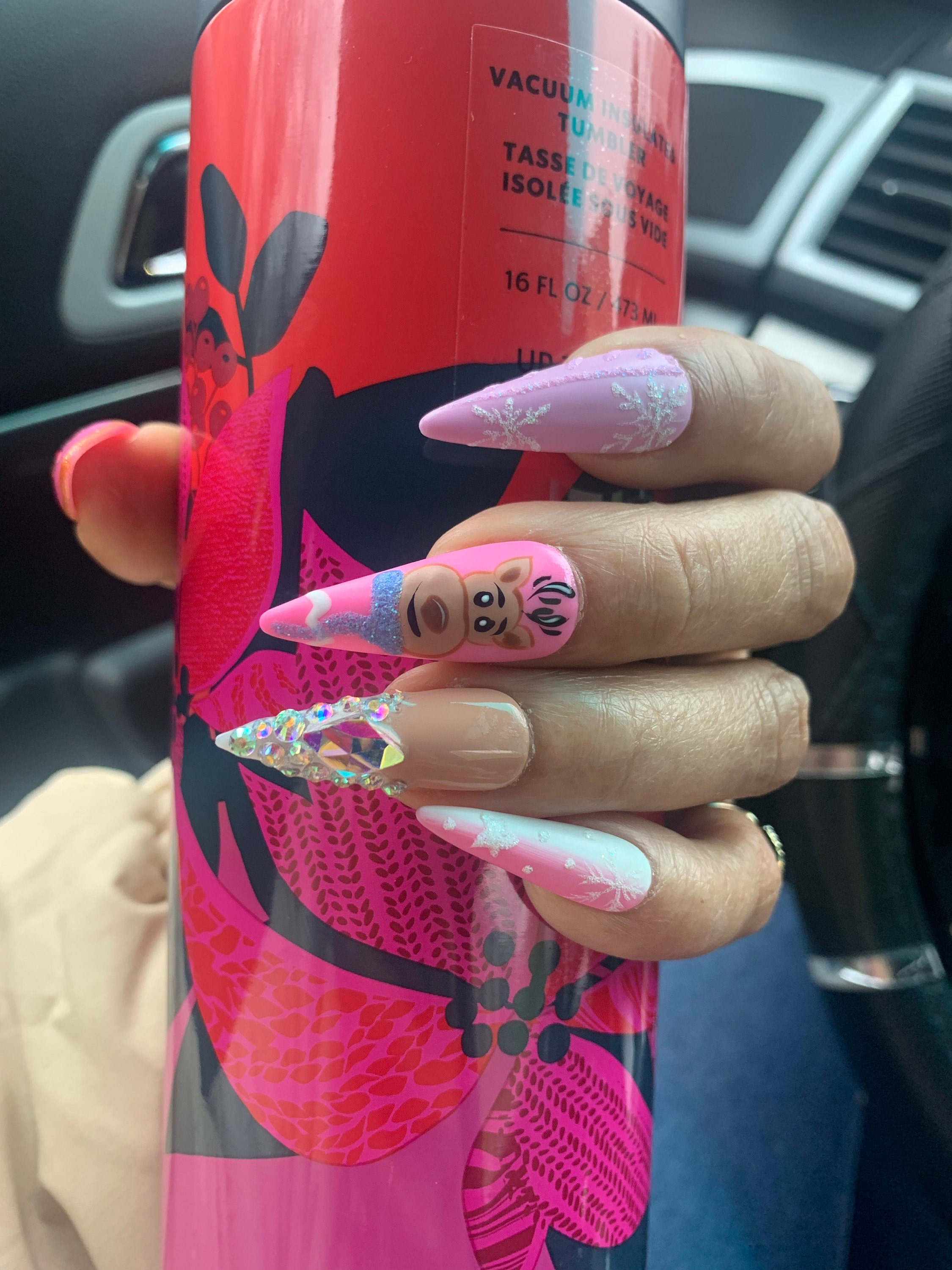 Christmas Reindeer Press On Nails | Pinky Fake Nails | Luxury Stiletto Nail Set | Matte Elegant Gift Nails K174