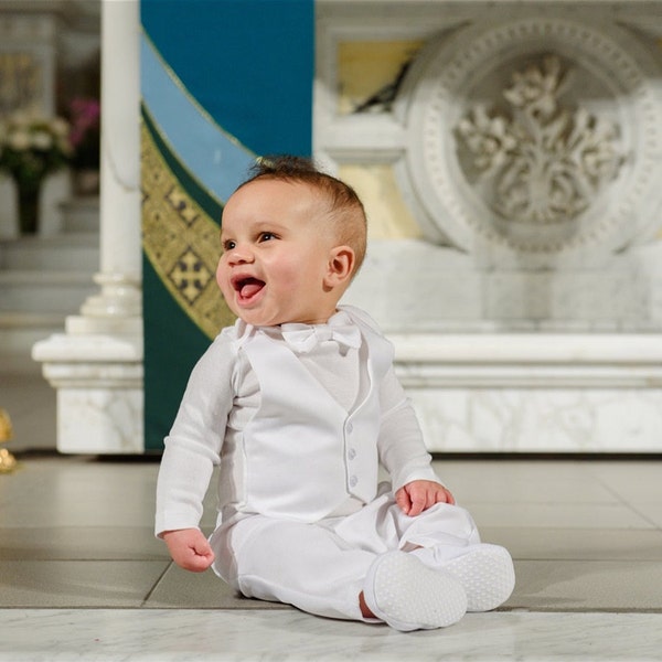 Christening Outfit Baby Boy Baptism Suit Ribbed White Fabric Batism ...