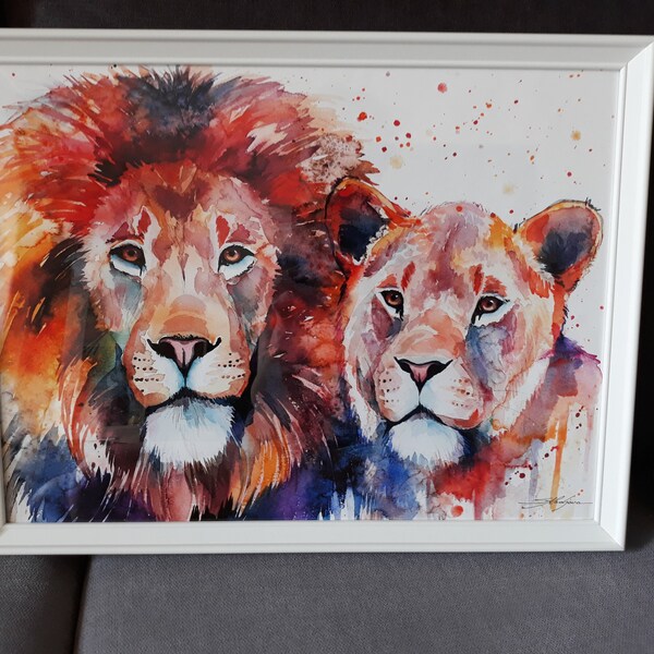 Lion Lioness Love Limited Edition Watercolor Art Print by Slaveika ...