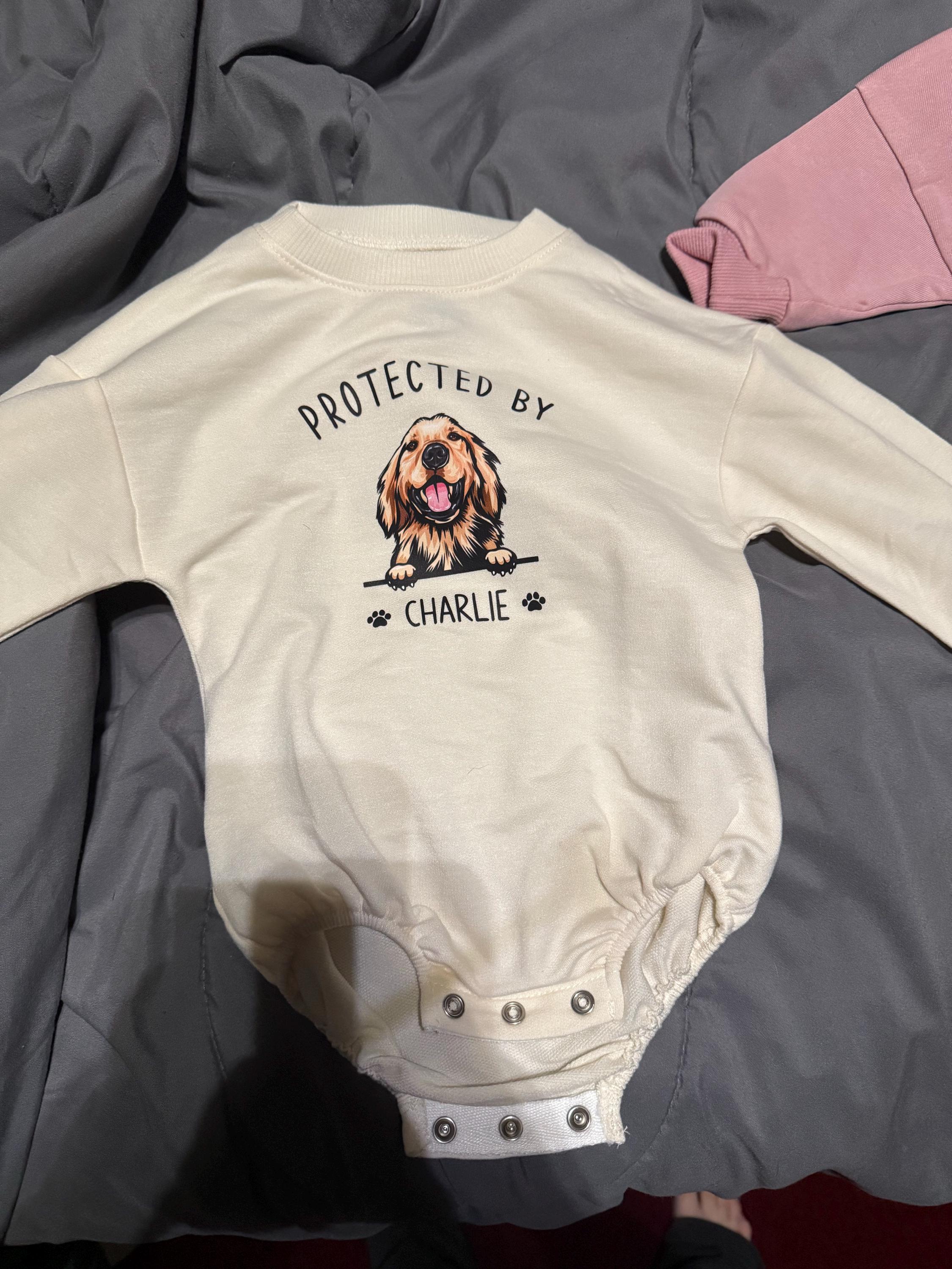 Custom Pet Portrait Protected By Baby Romper, Personalized Puppy Romper for Boys and Girls, Baby Pet Lover Outfit,Custom Baby Gift with Name