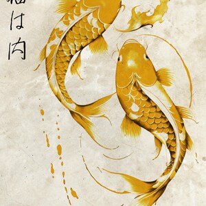 Gold Koi Fish Wabi Sabi Art Print: Japanese Good Fortune Symbol