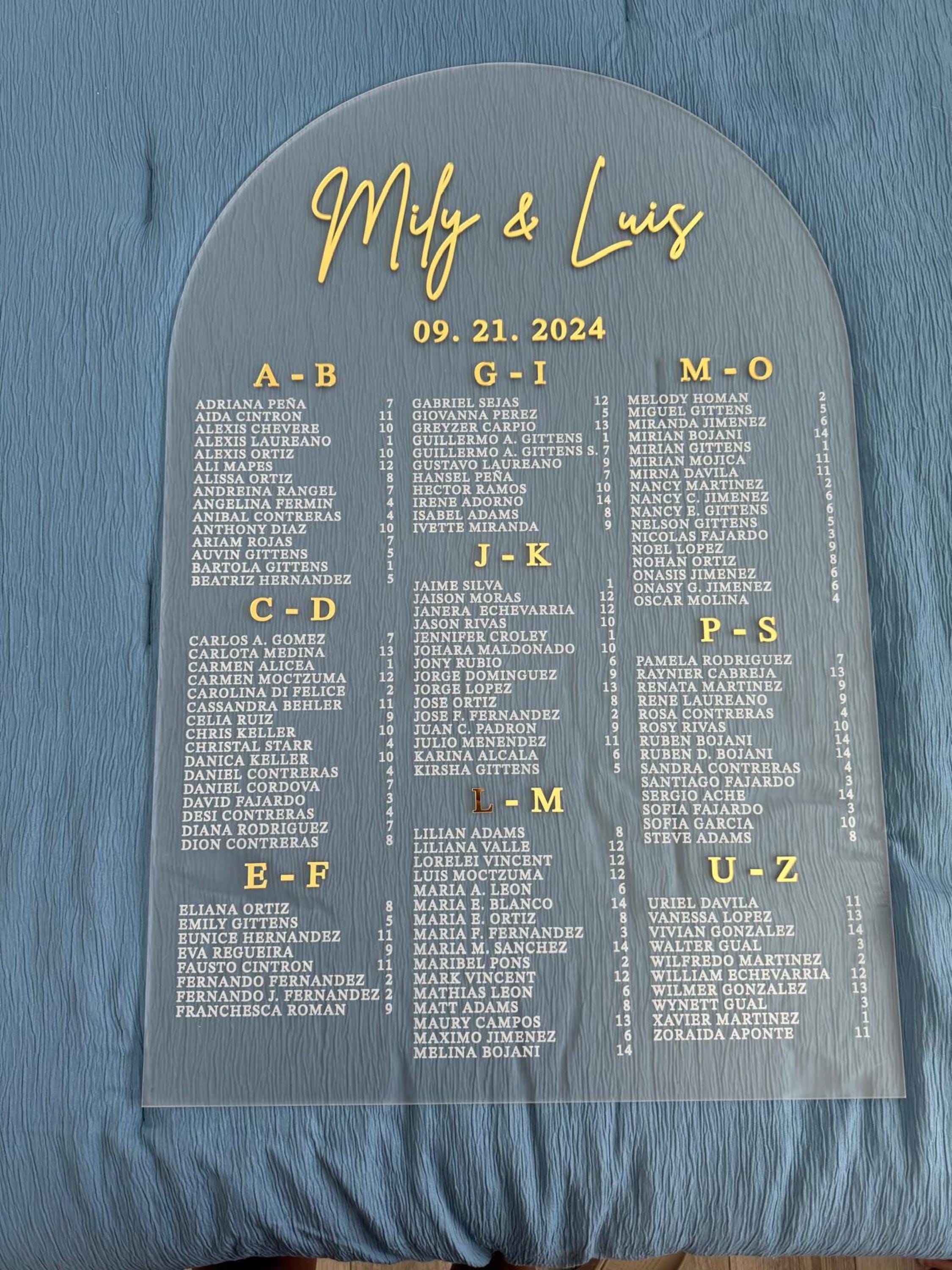 Sitzplan für die Hochzeit – Acryl-Sitzplan – Tisch-Sitzplan – Alphabetischer Sitzplan – Sitzplanschild