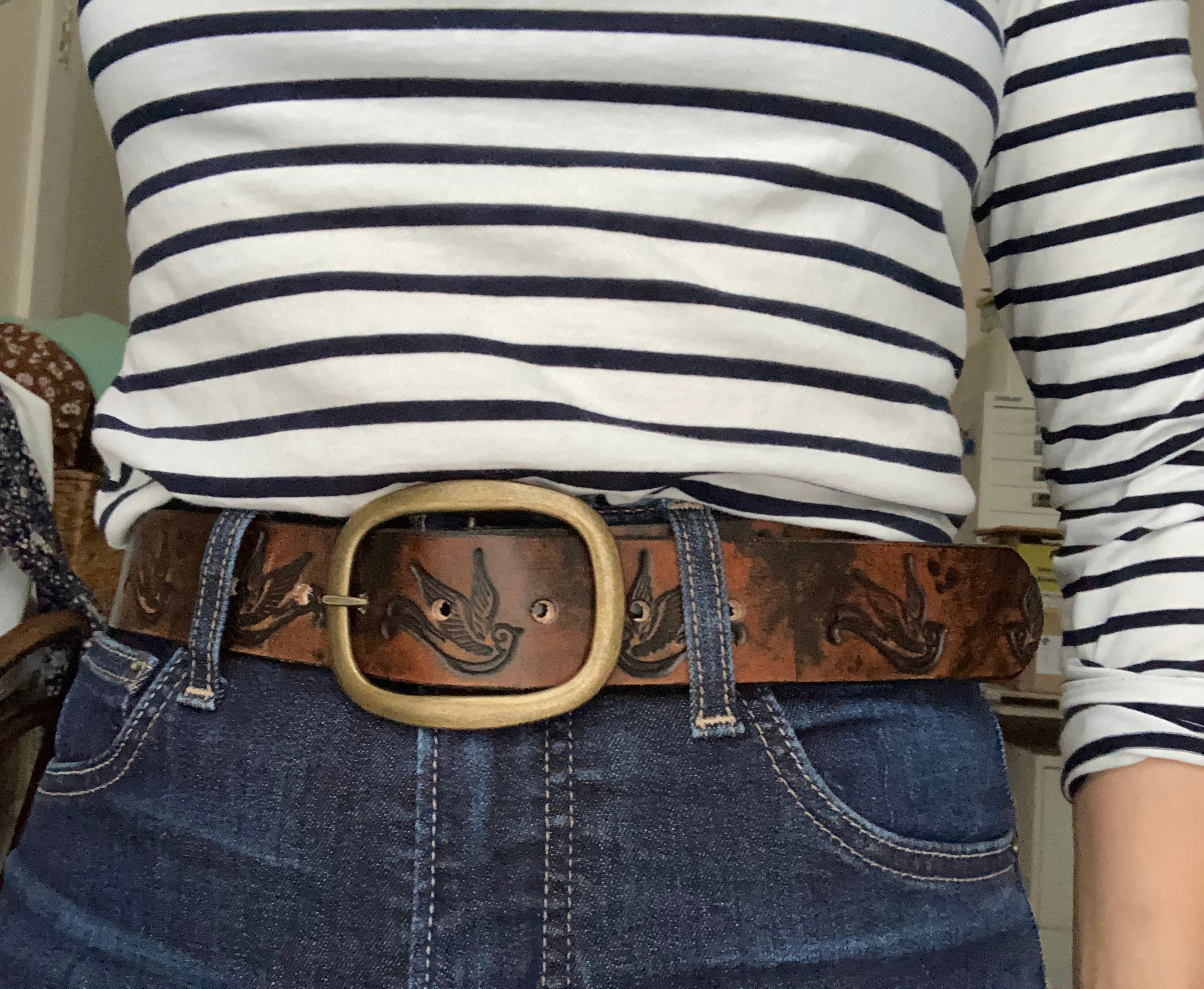 Leather Belt Sparrow Vintage Aged Leather belt - embossed sparrow snap belt  Handmade in USA Groomsmen Wedding Swallow Bird Tattoo Flash Art