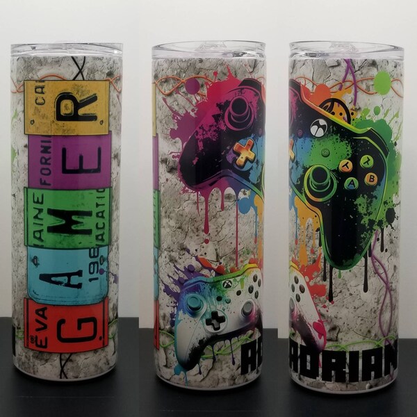 Gamer 20 Oz Skinny Tumbler Sublimation Design Neon Video Game ...