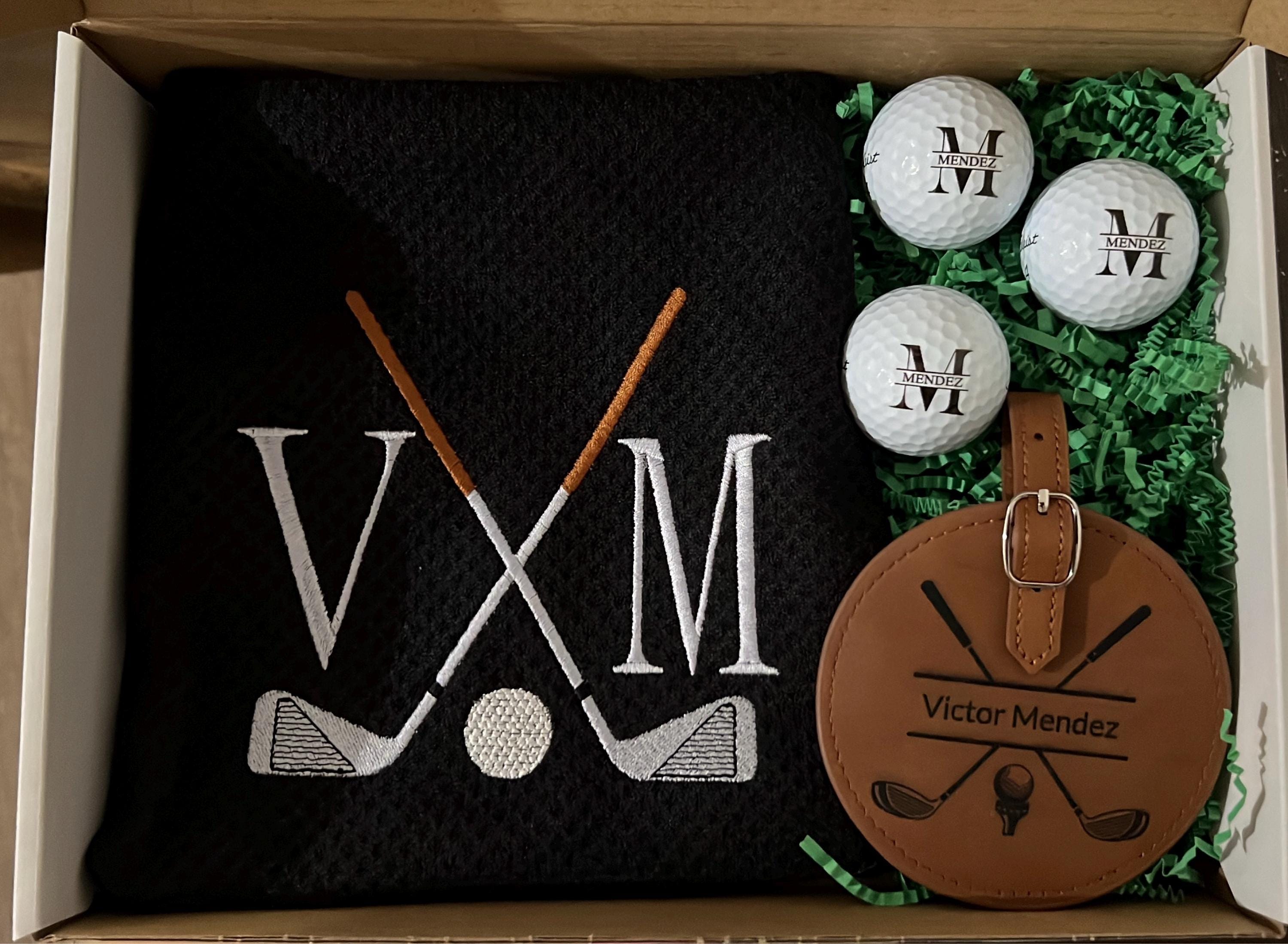 Personalized Golf Gift Box. Include a golf towel, a set of three golf Pro V1 balls with monograms, and a golf bag tag with tee holder