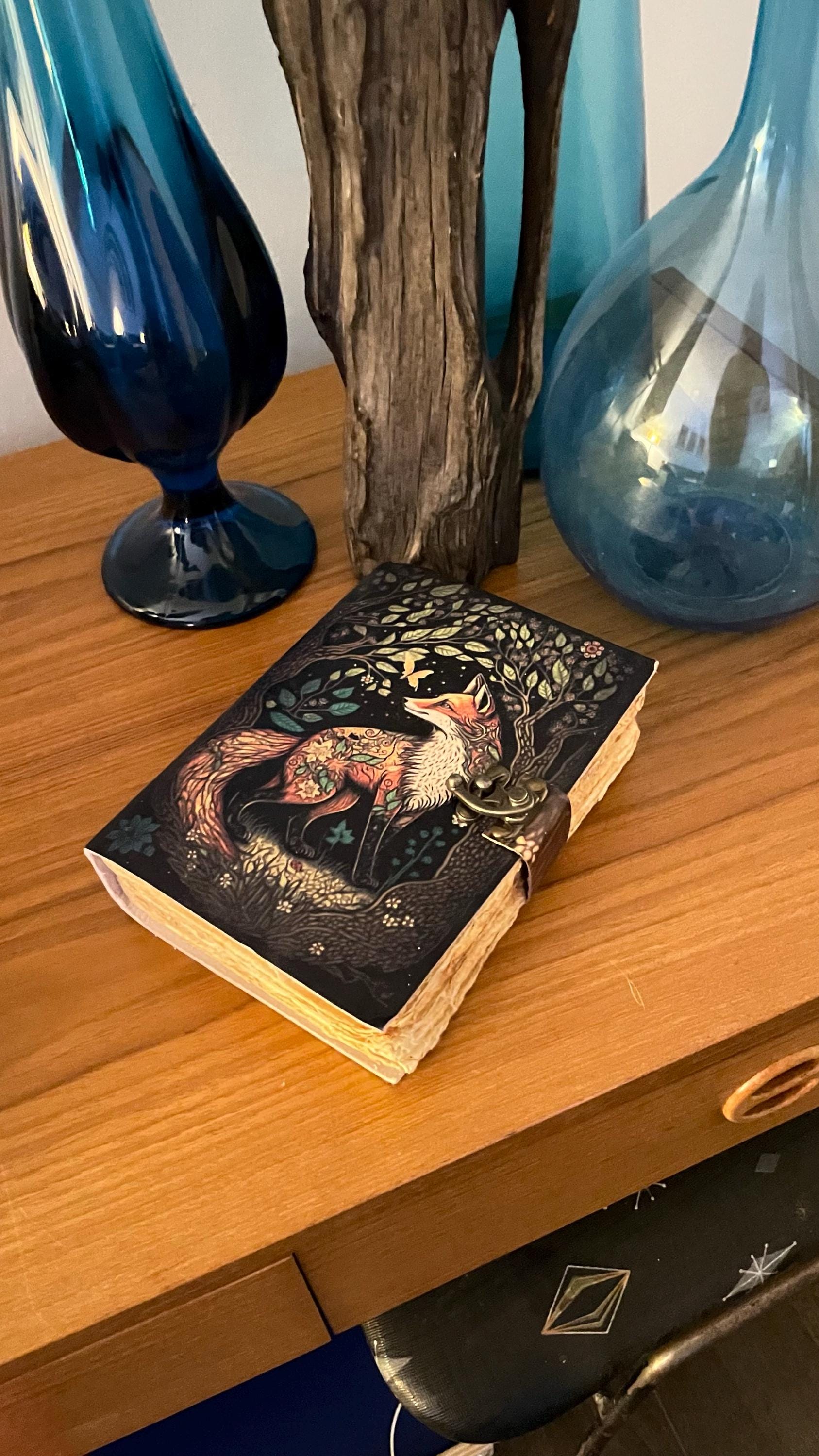 400 Page Large Fox Vintage Handmade leather Journal, Grimoire Fat journal Blank spell book of shadows Christmas Celestial Gifts For Him Her
