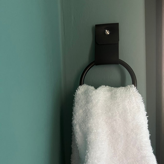 Small Wide Round End Black Towel Ring Modern Hand Towel Hook Wall Hanging  Leather Strap Loop Hanger Handtowel Holder Bathroom Holder 
