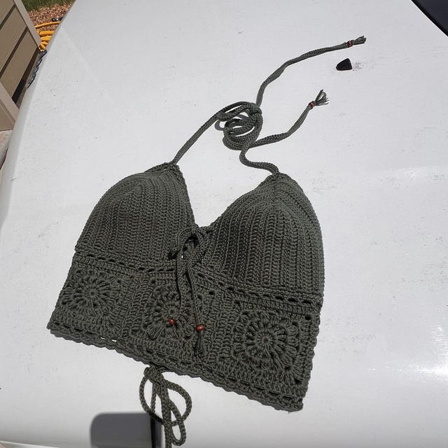 Vegan Crochet Knit Top, Green Colour Crochet Tops, Granny
