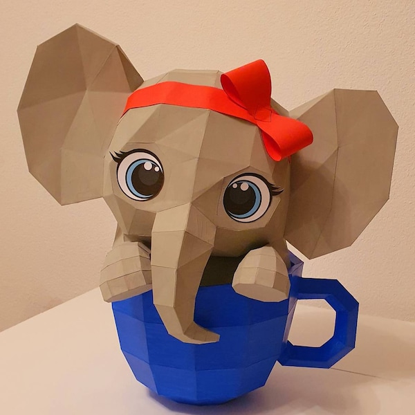 Cute Elephant in Cup 3d Paper Craft SVG and PDF, Low Poly Paper Craft ...