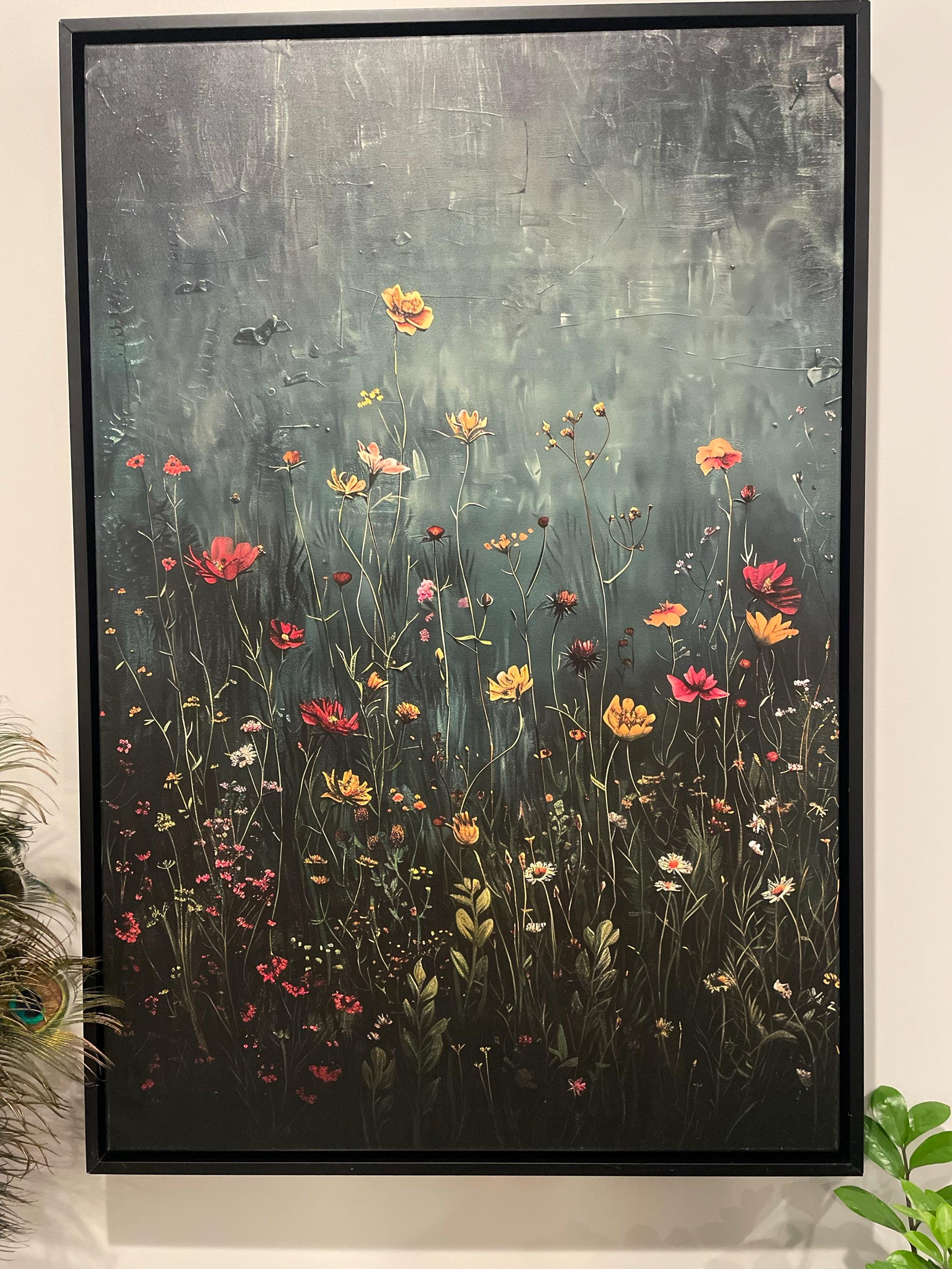 Wildflower Field Framed Wall Art, Vintage Botanical Landscape Sign, Floral Decor, Modern Farmhouse Canvas Art, Field Of Flowers Canvas Print