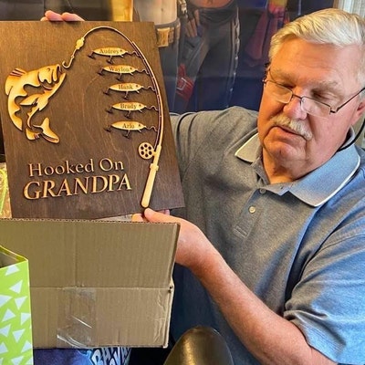 Gift for Papa Hooked on Grandpa Papa Dad Birthday Sign Personalized Customized Fishing Trip Gift ...