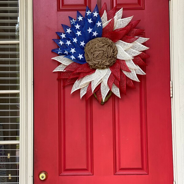 Patriotic Flag Americana Poly Burlap Flower Wreath, Memorial Day Wreath ...