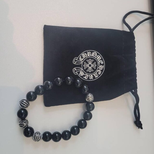 Ch Gothic Style Y2k Chrome Silver Punk Bead Onyx Bracelet
