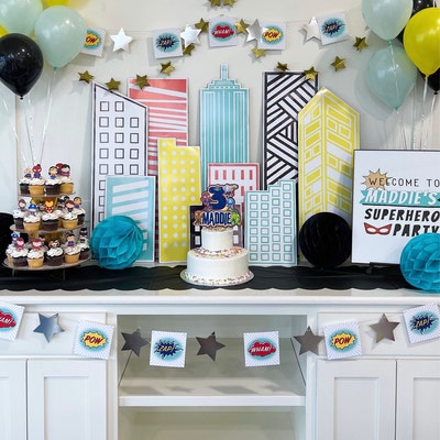 Printable Superhero Buildings, Printable Party Decor, SUPERHERO Buildings, Kids Birthday ...