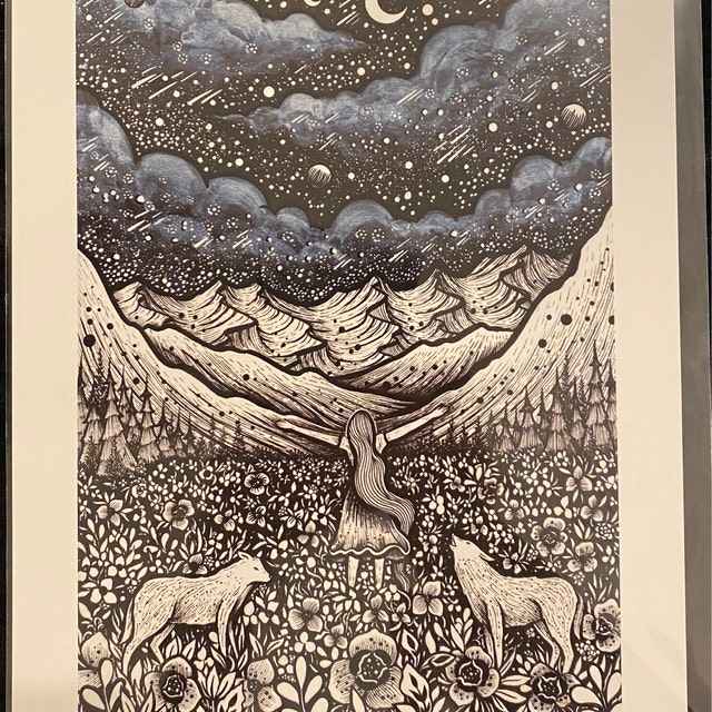 The Land of Horses Pen Drawing, Moon, Night, Nature, Landscape, Mountains,  Cabin, River Fine Art Print 