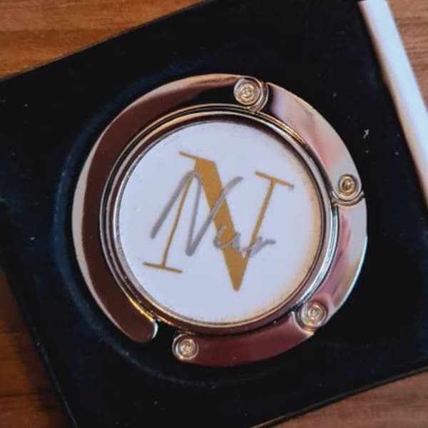 Personalised Folding Handbag Hanger Monogrammed Initial Name Table personalised-folding-handbag-hanger-monogrammed-initial-name-table