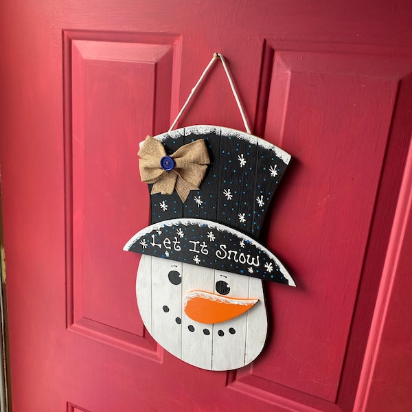Let It Snow SNOWMAN SIGN Grooved Wood Hanging Hanger Plaque Winter Door ...