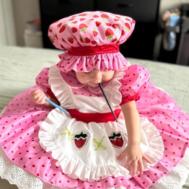 イチゴコスチューム ピンク 幼児用ドレス エプロン付き - 女の子用