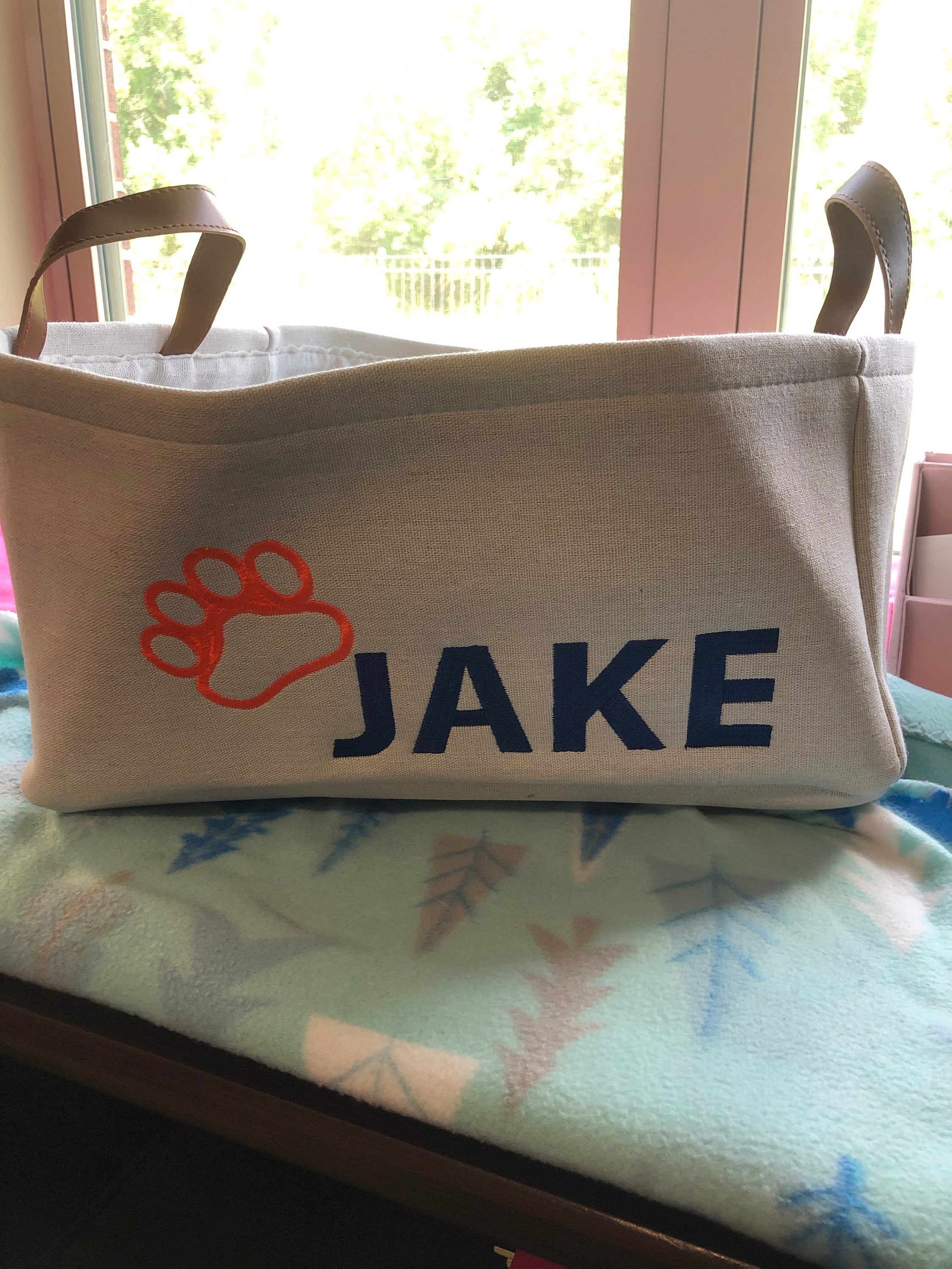 Personalized Dog Toy Bin EMBROIDERED FABRIC Storage Basket Linen Basket For Vinyl Handles Two Basket Colors Custom Dog Basket