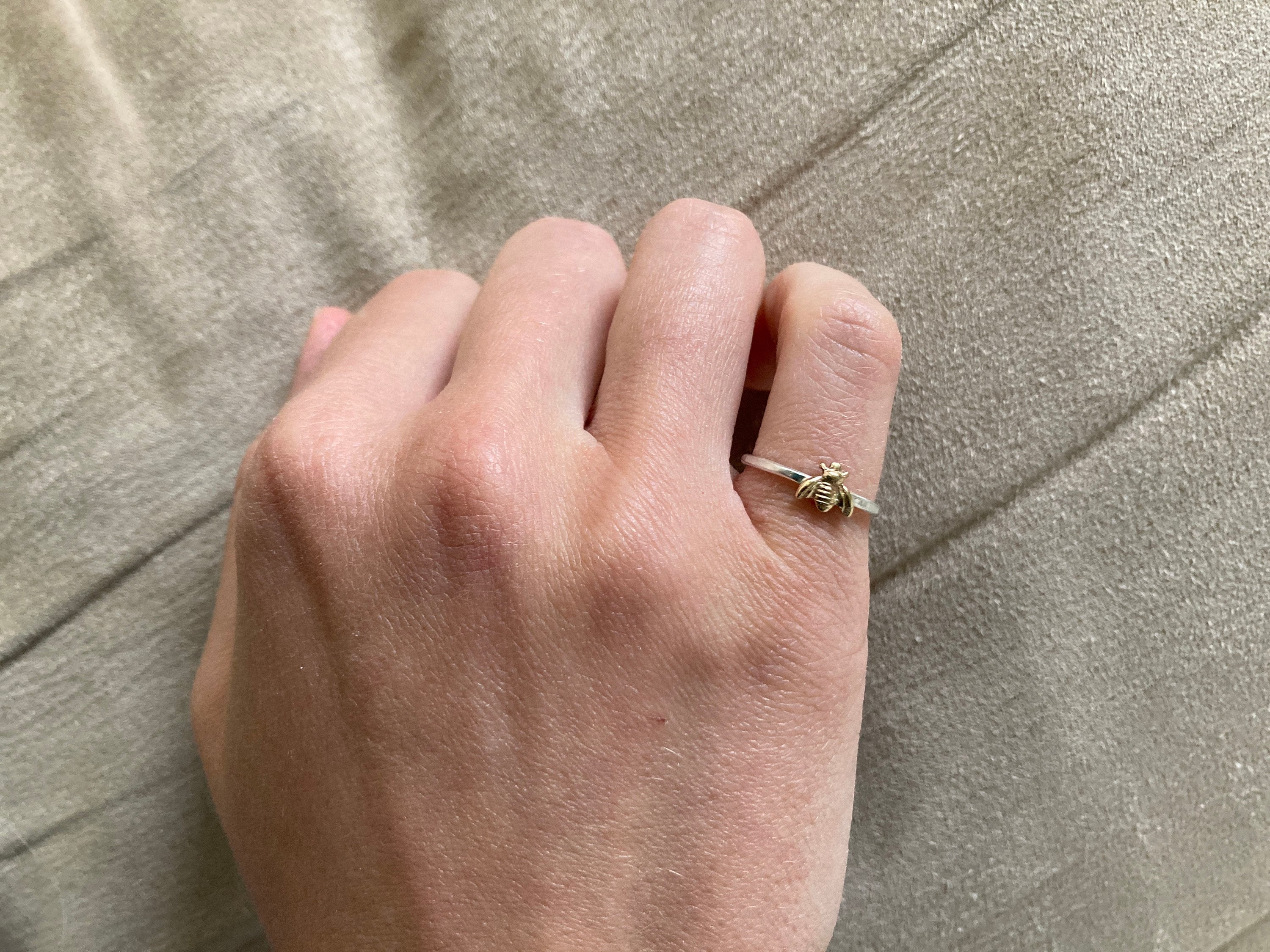 Simple tiny sterling silver bee ring, silver and gold brass stacking ring, hammered band ring, gift for women