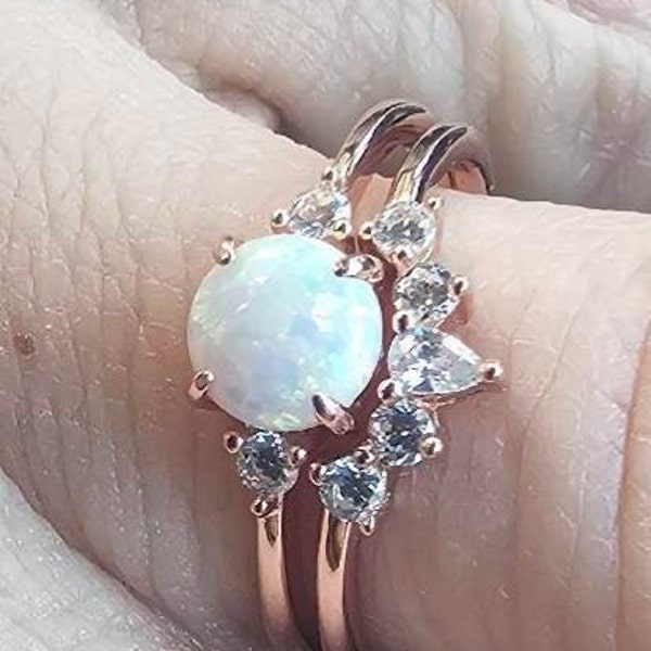 Opal Stacking Ring Set, Dainty Opal Ring, White Opal and CZ Ring, Gold ...