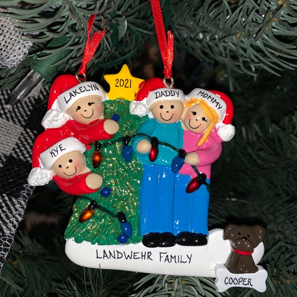 Family of 4 Personalized Ornament With Custom Dog Added -family of 4 ...